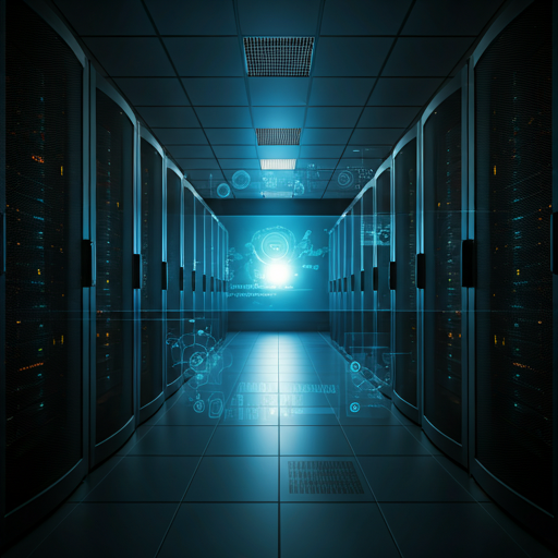Futuristic server room with security dashboard overlays